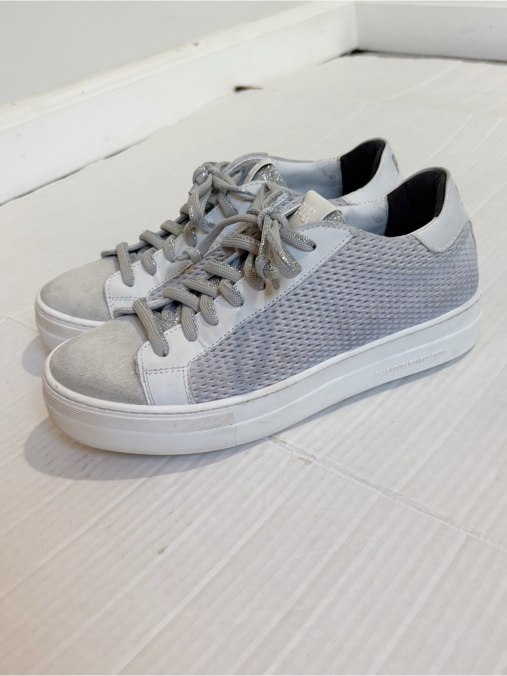 P448 Thea Stardust Platform Sneakers Silver and White Suede Size EU38 Size 7-7.5